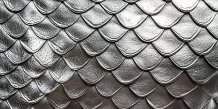 Platinum metal texture of snake scales, sleek and polished with a cool, metallic finish. The scales overlap in a tight, geometric pattern, creating an elegant, sophisticated design for futuristic themes.の素材