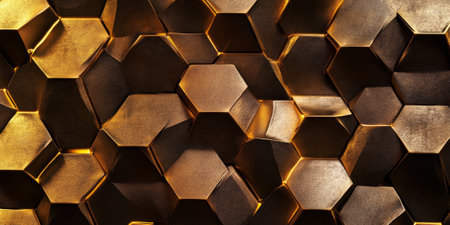 Dark copper hexagonal metal texture with radiant golden light patterns. A warm and bold 3D geometric design for high-end applications.の素材