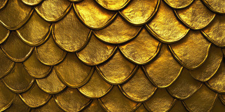 Golden metal texture of dragon scales, intricately layered to form a glowing, fiery pattern. The scales shimmer in the light with a rich, metallic finish, evoking power and majesty, ideal for fantasy or mythical designs.の素材