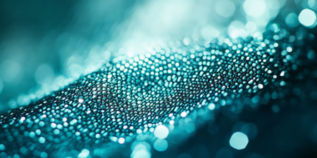 Abstract teal and silver hexagonal mesh texture with glowing light accents.の素材