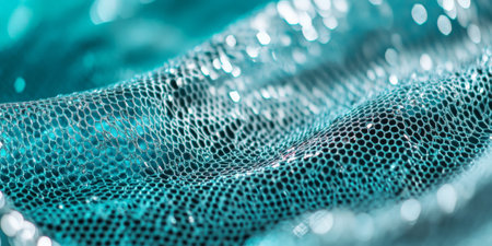 Abstract teal and silver hexagonal mesh texture with glowing light accents.の素材