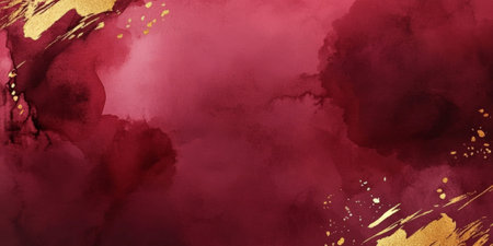 Rich burgundy watercolor background with gold accents and soft transitions.の素材