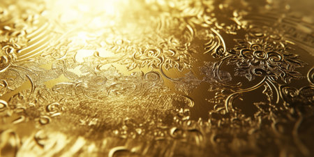 Elegant matte gold background with intricate engraved patterns and light reflections.の素材