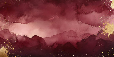 Rich burgundy watercolor background with gold accents and soft transitions.の素材