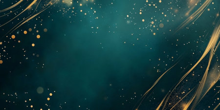 Elegant dark teal background with glowing gold streaks and soft blurred edges.の素材