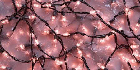 Subtle blush pink and rose gold Christmas lights texture with a glowing finish.の素材
