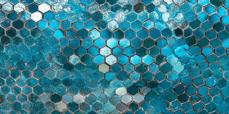 Abstract teal and silver hexagonal mesh texture with glowing light accents.の素材