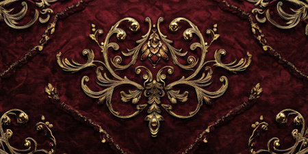 Rich burgundy velvet background with intricate golden accents for regal elegance.の素材