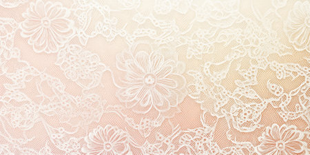 Soft pastel pink and cream vintage lace texture with delicate patterns.の素材