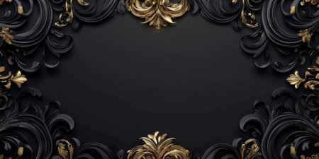 Matte black with elegant golden ornament details, sophisticated baroque luxury backgroundの素材
