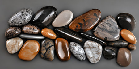 Smooth river stone background with glistening wet pebbles in shades of gray and brown, arranged naturally.の素材