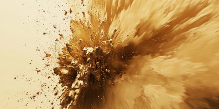 Gold explosion background with dynamic shimmering metallic particles bursting outward.の素材