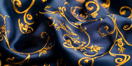 Midnight blue silk with golden embroidery, soft, rich, and luxurious textureの素材