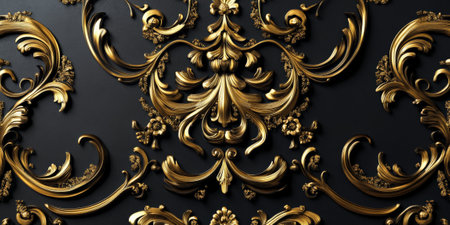 Matte black with elegant golden ornament details, sophisticated baroque luxury backgroundの素材