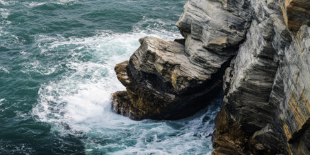 Ocean cliffside rock background with rugged, weathered gray stones shaped by crashing waves.の素材