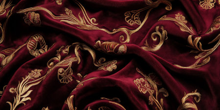 Opulent dark red velvet fabric with realistic texture, intricate golden embroidery details, rich and elegant luxury feelの素材