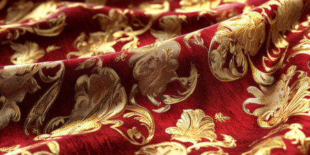 Opulent red and gold brocade fabric texture, royal luxury textile patternの素材