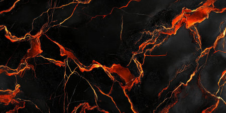 Lava-inspired black marble background with deep fiery red and gold veins, dramatic and intense.の素材