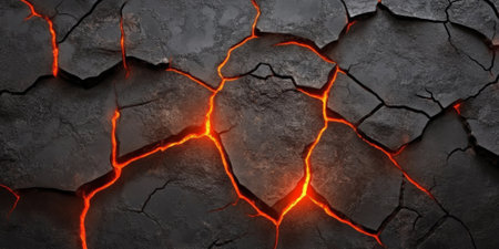 Dramatic cracked lava stone background with glowing red-orange veins between black volcanic rock.の素材