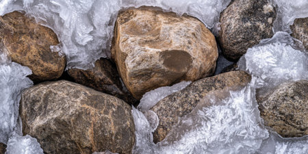 Frozen tundra stone background with ice-covered boulders and frost patterns.の素材