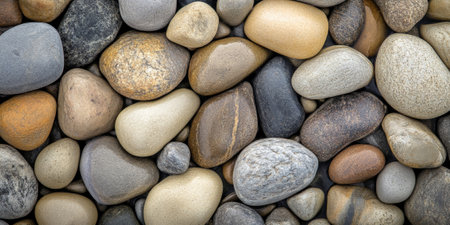 Natural river stone background with smooth, rounded pebbles in shades of gray, beige, and brown, polished by water over time.の素材