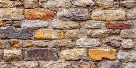 Rustic old stone wall background with uneven, time-worn bricks and natural earthy tones.の素材