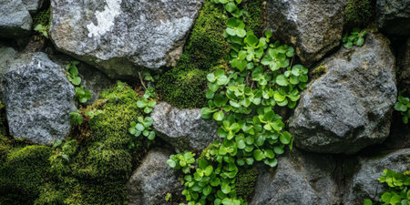 Moss-covered stone background with green lush vegetation growing over ancient gray rocks.の素材