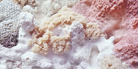 Coral reef stone background with porous, wave-worn formations in soft white and pink.の素材