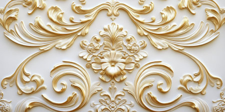 Baroque golden damask background with embossed ornamental floral textures, royal elegance.の素材