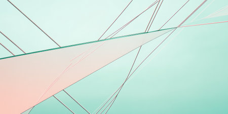 A minimalist abstract background with intersecting diagonal lines in pastel pink, soft green, and sky blue, forming a sleek geometric design.の素材