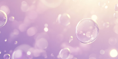 A dreamy lilac abstract background with floating, translucent bubbles in different sizes, glowing softly against a pastel purple gradient.の素材
