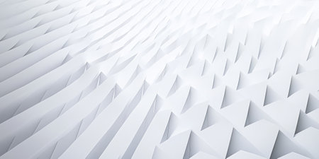 A crisp, bright white background with a series of angular, overlapping geometric shapes that form an abstract pattern. The sharpness of the design adds a futuristic touch, ideal for modern tech branding or creative digital art.の素材