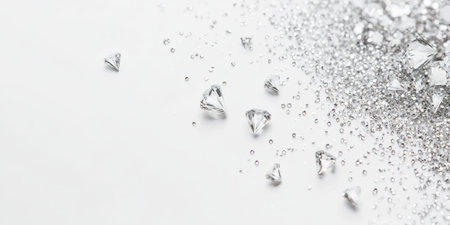 A glimmering surface with a combination of diamond-shaped facets and small, glittering particles scattered across a white background. The soft sparkle creates a luxurious, magical atmosphere, ideal for luxury stationery, event posters, and product branding.の素材