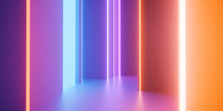A glowing neon gradient in lilac, burnt orange, and pastel blue, smoothly merging into each other, forming a futuristic abstract atmosphere.の素材