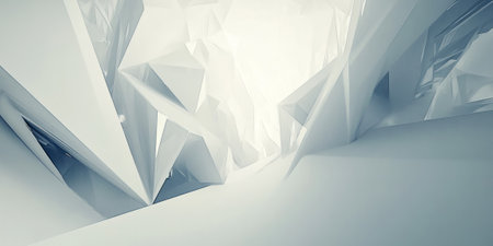 A bright, clean white background featuring soft triangular shapes and sharp lines creating an abstract composition. The geometric precision and minimalism are ideal for modern tech designs, corporate presentations, or digital art.の素材