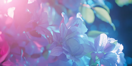 A holographic prismatic glow in shifting colors of lilac, chambray blue, and pastel pink, forming an iridescent background.の素材