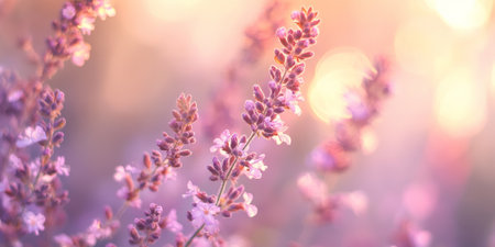A dreamy bokeh light effect in pastel pink, peach fuzz, and lilac, softly glowing against a blurred background.の素材