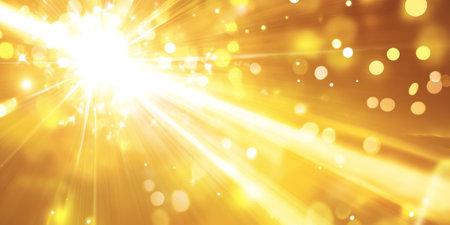 A radiant sunshine yellow abstract background with soft, glowing light streaks running diagonally across the design, resembling sunbeams.の素材
