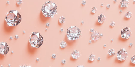 A pastel peach-colored background with sparkling diamonds scattered across, each facet reflecting soft light. The light, airy sparkle adds an elegant touch, making it ideal for wedding stationery, luxury invitations, or fashion designs.の素材