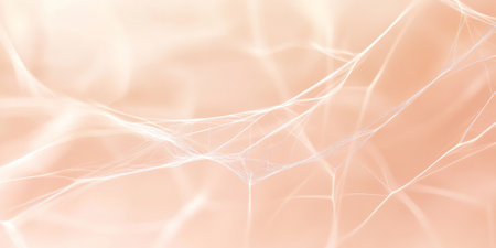 A peach fuzz abstract background with thin, delicate lines crisscrossing in a web-like pattern, with soft peach gradients creating a delicate effect.の素材