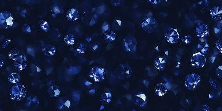 A rich navy blue background with scattered diamonds reflecting soft, iridescent light. The elegant sparkle and deep hues create a sophisticated backdrop, perfect for luxury brand designs, jewelry packaging, or high-end event invitations.の素材