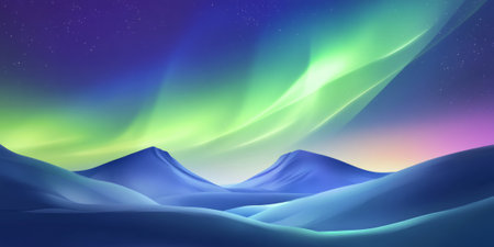 A dreamy aurora borealis effect with shifting waves of neon green, deep blue, and soft purple, forming a surreal glowing gradient.の素材