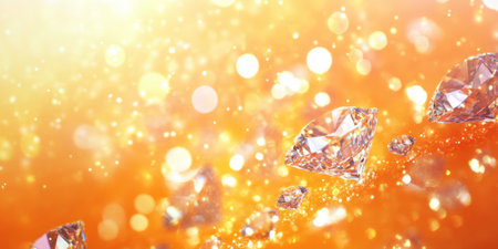 A radiant sunset-colored background with shimmering diamonds scattered across the surface. The gradient from orange to yellow, combined with the sparkling gems, creates a warm, luxurious atmosphere, perfect for event promotions or fashion campaigns.の素材