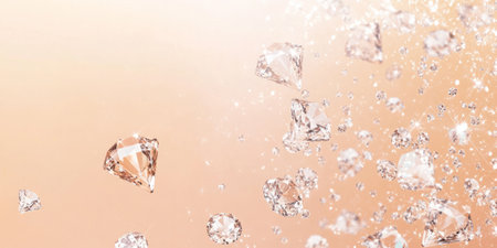A pastel peach-colored background with sparkling diamonds scattered across, each facet reflecting soft light. The light, airy sparkle adds an elegant touch, making it ideal for wedding stationery, luxury invitations, or fashion designs.の素材
