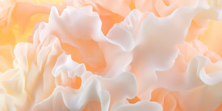 A peach fuzz abstract background with smooth, flowing curves blending pastel peach, soft yellow, and white, creating a sense of natural softness.の素材