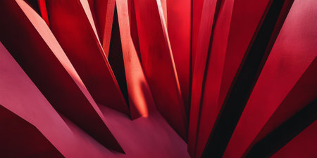 A deep red abstract background with sharp, diagonal lines cutting through the design. The stark contrasts of light and shadow give it a dramatic flair, perfect for edgy branding, digital art, or creative projects.の素材