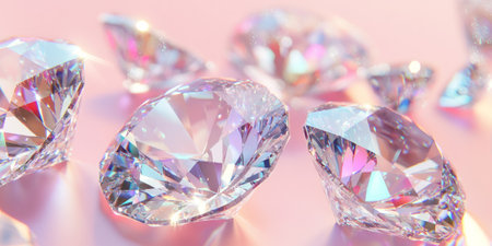 A glimmering background featuring intricate diamond clusters reflecting soft, multi-colored light against a pastel pink backdrop. The delicate reflections create an enchanting effect, perfect for luxury product designs or romantic events.の素材