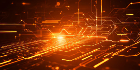 A futuristic burnt orange abstract background with complex fractal patterns and glowing energy lines, resembling a sci-fi interface.の素材