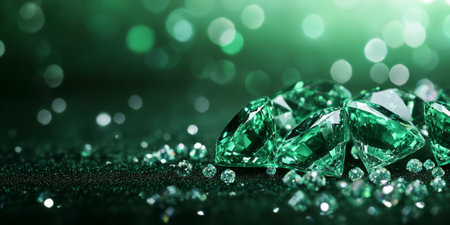 A deep green emerald background with sparkling diamonds catching the light, creating a harmonious reflection. The jewel-like ambiance enhances the backdrop, ideal for luxury designs, exclusive branding, or elegant decor.の素材