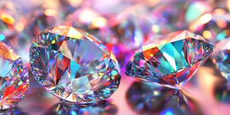 A background featuring large, radiant diamonds that shimmer under different light sources. The surface reflects multiple colors, creating an iridescent effect that is perfect for showcasing high-end jewelry or exclusive product promotions.の素材